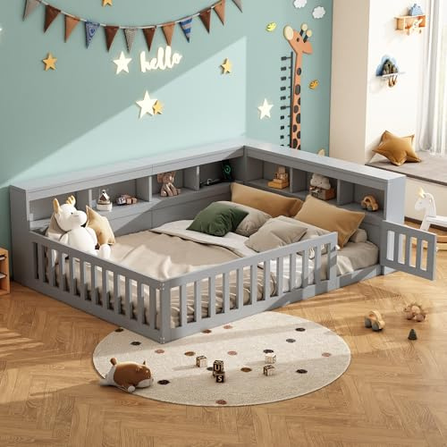 LAKFEW Bodenbett 140x200 cm Kinderbett mit Rausfallschutz und USB-Anschluss, Bett mit Stauraum Staufach, Jugendbett Holzbett mit Lattenrost, Kinderzimmer Möbel, Ohne Matratze, Grau