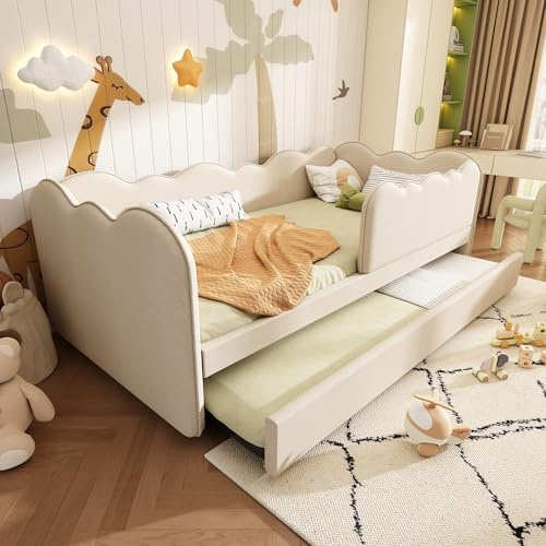 Upholstered Bed Daybed, 3ft Single Bed Frame with Pull out Trundle Bed, Safety Guardrail and Wooden Slats, Single Sofa Beds Guest Beds for Adults and Children, Linen, No Mattress, Beige, 90X190 cm