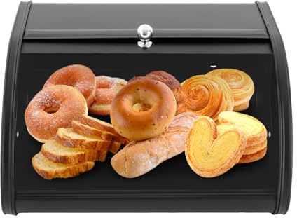 KAPIPALA Panera de metal con tapa deslizante, para guardar pan de acero al carbono, moderna fiambrera con función de conservación de alimentos, para cocina, salón y más, 30 x 26 x 17 cm (negro)