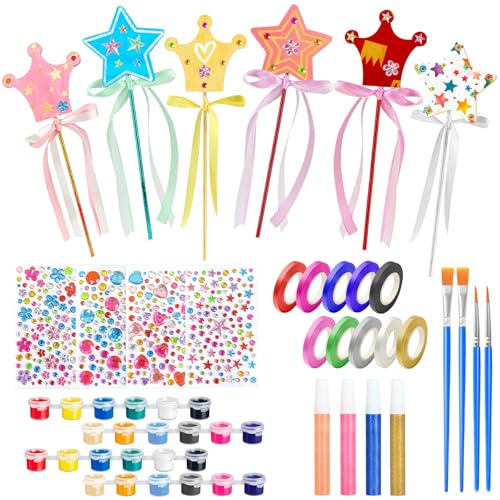 NVGVUP Set di bacchette magiche fai da te per bambini: 20 bacchette magiche da principessa, stella/corona in legno, per fate, compleanno, regalo di compleanno per bambini, con strumenti fai da te