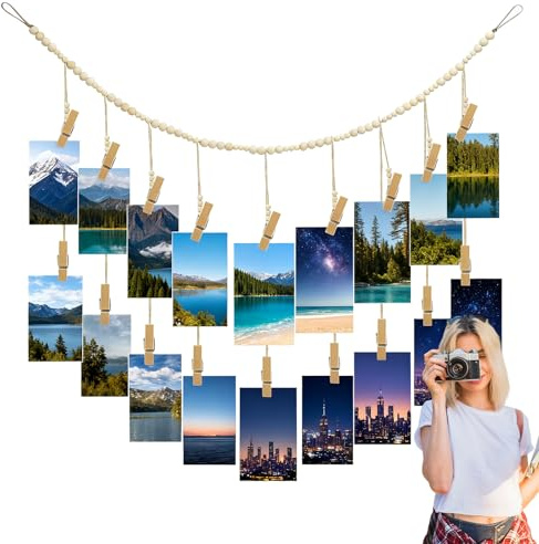 2 stycken fotorep med klämmor, bildkoppel med träklämma pärlor hjärta fotokoppel väggdekoration gör-det-själv kreativ fotoupphängning för upphängning fotopostkort bildram