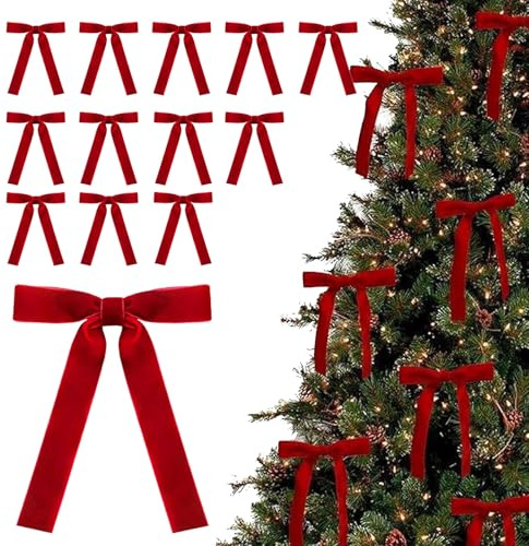 KASESSS 12 Pezzi Rosso Fiocchi In Velluto Decorazioni Albero Di Natale, Fiocco Di Natale Per Albero Con Lacci A Torsione, Vintage Fiocchi Natalizi Per Decorazioni Natalizie Esterno E Intern