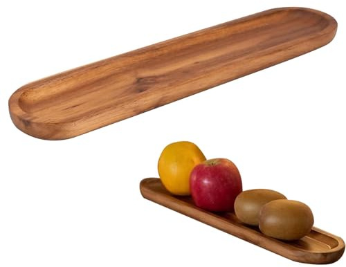 Serveringsbricka i trä, naturlig finish, 40 x 10 x 2 cm, dekorativ matbricka, mångsidig träfat, elegant design, för efterrättsservering, ostfat, mellanmål