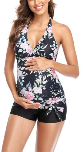 Maternity Swimwear Two Pieces Floral Print Tankini Swimsuits Sexy V-Neck Halter Top Short Pants Set Pregnancy Swimwear Bikini for Women Ladies
