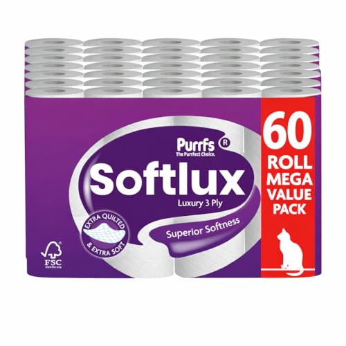 Softlux Toilet Rolls, 3 Ply, Ultra Soft, Luxury Embossed Quilted, Unscented, Family Pack, 60 Count