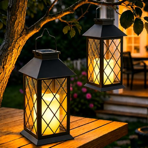 Yowin Lanterne da Esterno 2 Pezzi Grande Lanterna Solare da Giardino con Candele Tremolante, Vetro Temperato, Lampada Solari da Appendere Impermeabile Lampade da Tavolo per Balconi - Nero