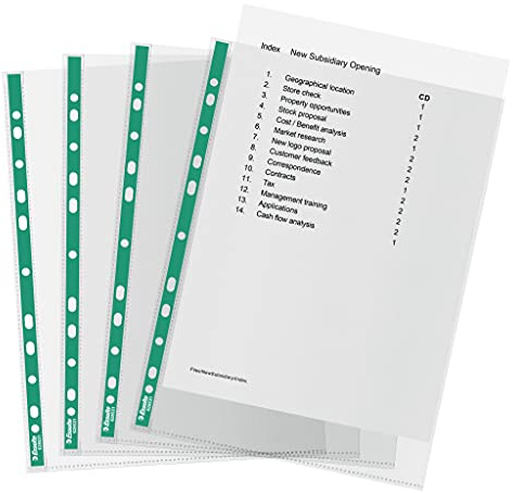 Esselte Pochettes A4 Perforées, Polyéthylène 200 Pochettes, 34 Microns, Embossées avec Dos Vert Renforcé, Idéales pour les Classers à Levier (Paquet de 200), 628532