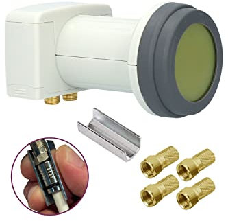 [ Test SEHR GUT, Note 1.2 *] GSS Helios Twin LNB + 4X F-Stecker, mit LTE Abschirmung & Sun Protect UV Schutz, 2Fach 4K HD LNB für 2 Teilnehmer, für Fernseher Sat Receiver, für Satelliten Schüssel