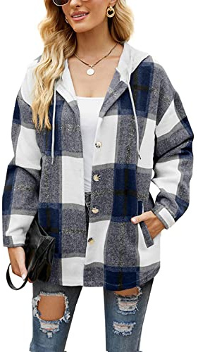 HVEPUO Camisa de franela a cuadros con botones, manga larga, chaqueta estilo abrigo para mujer, F-azul oscuro, S