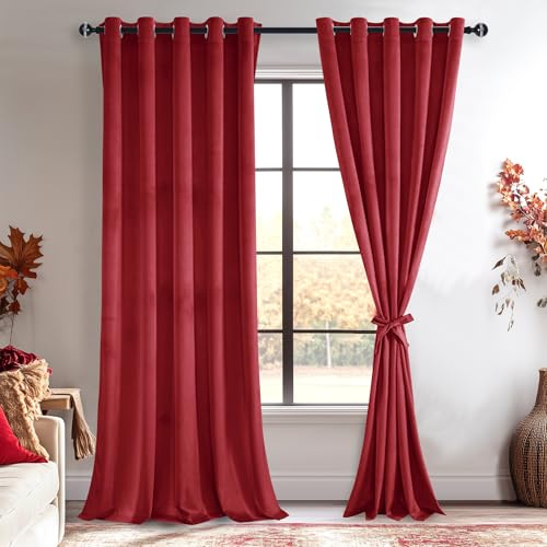JIUZHEN Red Velvet Curtains 96 inches - Soft Velvet Blackout Grommet Curtains Thermal Insulated Noise Reducing Window Drapes for Party/Wedding, 60W x 96L, Set of 2 Panels,Wine Red