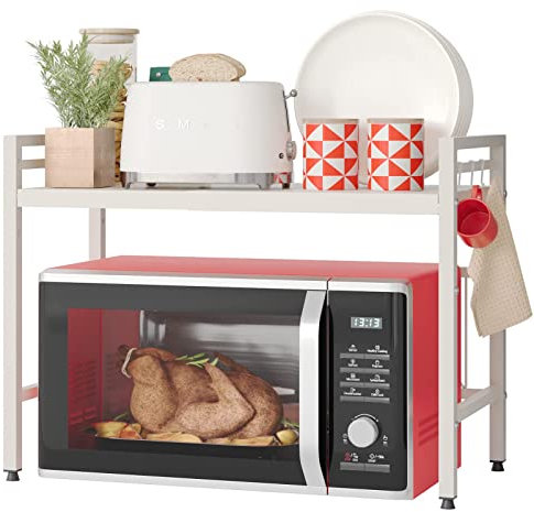 NETEL Expandable Microwave Shelf, 2 Tier Microwave Stand with 8 Hooks, air fryer shelf stand, Microwave Oven Rack, Kitchen storage & Organisation, Kitchen Countertop Organiser Shelves, white