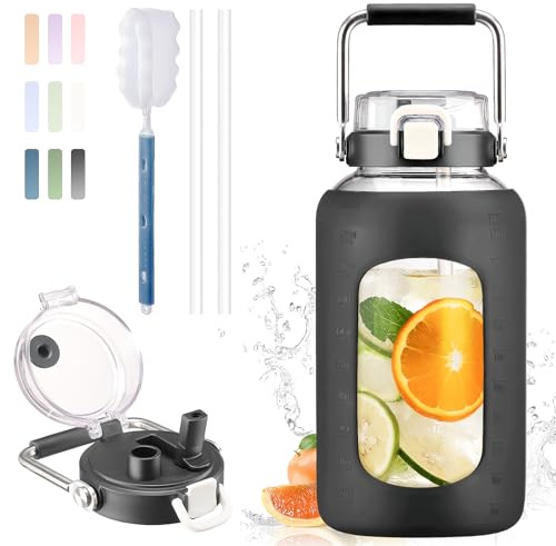 BLUEGO 2.5L Water Bottle Glass with Stainless Steel Handle 2500ml Large Water Bottle with Time Markers and Silicone Sleeve Half Gallon Water Jug BPA Free for Gym Daily Use, Black