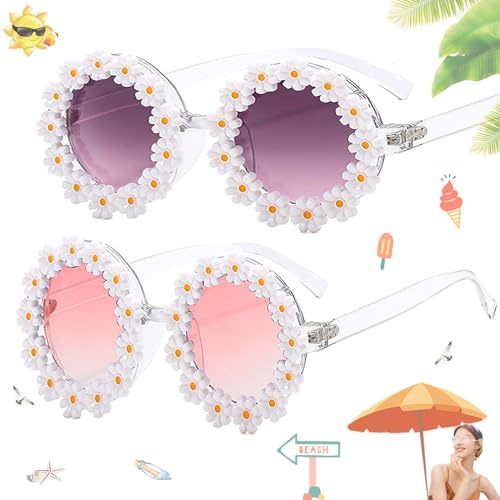 SoundZero 2 Pièces Lunettes De Soleil Marguerite, Lunettes De Fête Fleur, Lunettes De Soleil Rondes Classiques, Lunettes Rétro à Fleurs, Lunette Rigolote, Lunettes De Soleil, Pour Aux Adultes, Plage