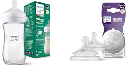 Philips Avent Biberon en verre à Réponse Naturelle – biberon de 240 ml & Avent Lot de 2 tétines pour biberon à Réponse Naturelle 0% BPA, Débit 5 pour Bébé de 6 mois + (modèle SCY965/02)