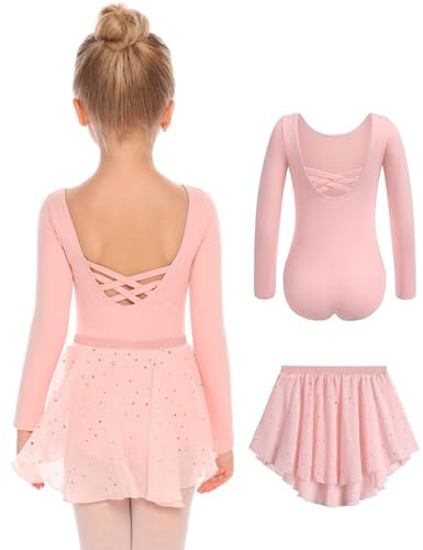 Arshiner Ballettkleidung Mädchen Zweiteiliges Kinder Ballettanzug Rückenfrei Langzarm Ballettkleid Balletttrikot Tanzkleid Balette kleidung Tanztrikot Kleinkind Ballerina Kleid Rosa 150 7-8 Jahre