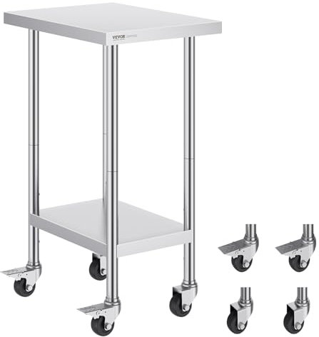 VEVOR Stainless Steel Work Table 24 x 18 x 38 Inch, with 4 Wheels, 3 Adjustable Height Levels, Heavy Duty Food Prep Worktable for Commercial Kitchen Restaurant, Silver