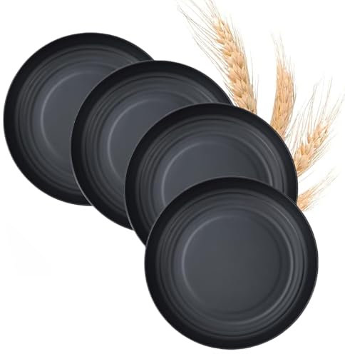 GZTFPQ Dinner Plates Sets, 4 Pcs Unbreakable Plastic Plates Reusable Lightweight Salad Plates Suitable for Picnic, Camping & BBQ, Dessert for Adults Children Kids, Microwave Safe Camping (Black