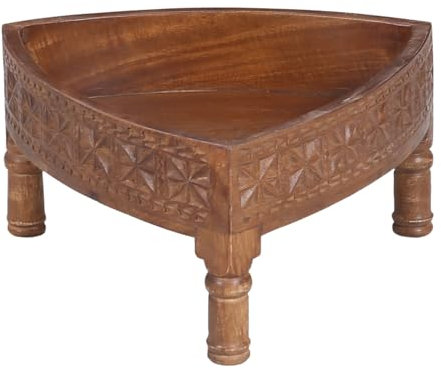 Marrakech table d'appoint vintage en bois de manguier | Tabouret à fleurs et soucoupe de pot de fleurs Acheron 35 x 20 cm | Tabouret oriental en bois avec sculptures