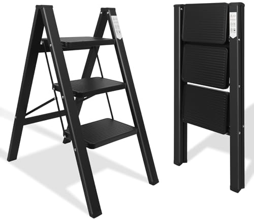 kisidus Escabeau 3 Marches Marche Pied Pliante Échelles Pliable Antidérapants 3-Level Max 150kg Acier Robust Intérieur Extérieur - Noir