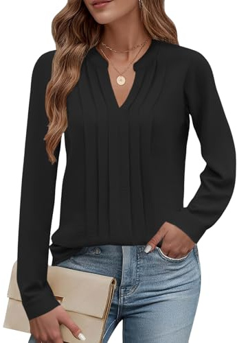 Cuptacc Camiseta Manga Larga Mujer Elegante Cuello en V Blusas Mujer Casual Color Sólido Básico Top Negro, Small S 36