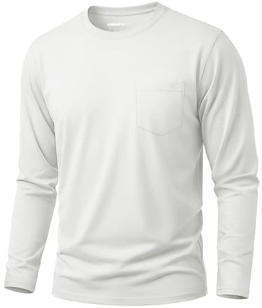 Cavva Maglietta da uomo in cotone, a maniche lunghe, con tasca sul petto, basica, girocollo, a maniche lunghe, casual, bianco, L