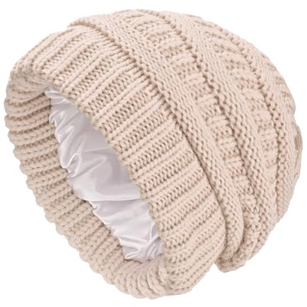 SGQTZDZQ Satin Lined Beanie Hats for Women, Warm Slouchy Ladies Winter Hats, Classic Fashionable Wooly Cable Knit Skull Cap (UK, Alpha, One Size, Beige)