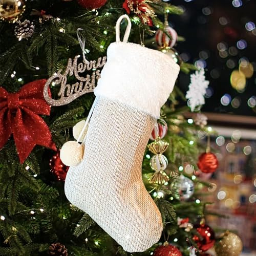 Mauts Large Christmas Stockings Knitted Christmas Stocking White Knit Stocking Candy Gift Bags with Pompom for Family Christmas Holiday Decoration