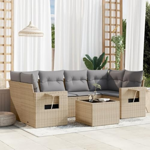 QJBSAVVA Canapé de jardin 7 pièces en rotin beige 62 x 62 x 69 cm, étagères pliables, table en verre, groupe de sièges modulaire pour balcon, terrasse