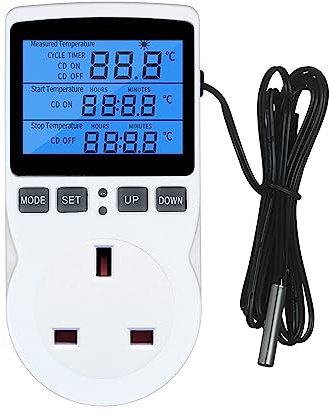 Weytoll Thermostat numérique LCD avec prise de courant, contrôle du chauffage et du refroidissement pour terrariums, aquariums et reptiles, contrôle de la température avec minuterie et sonde