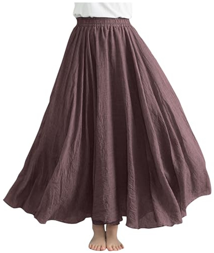 Gonna Lunga da Donna Estiva, Gonne in Lino di Cotone, Elegante a Vita Alta da Donna, Vestito con Elastiche, Solida Colore Abiti per Interni Spiaggia