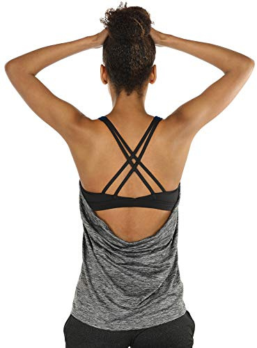 icyzone 2 in 1 Canotte Palestra Donna,Canotta con Reggiseno Senza Schienale per Fitness,Allenamento,Yoga (S,Grigio Scuro)