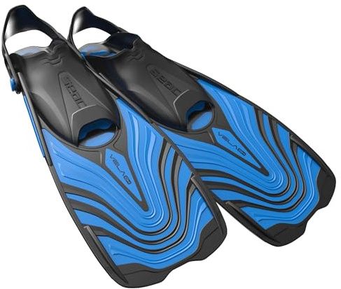 SEAC Vela OH, Pinne Corte da Snorkeling e Nuoto in Piscina con Cinghiolo Regolabile Unisex Adulto, Blu, M/L