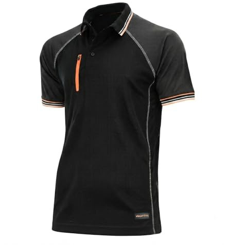 WrightFits Men’s Core Active Work Polo Shirt – 2-Tone Short Sleeve Outdoor Workwear Polo T Shirt, Breathable Polyester with Mesh Panels, Raglan Sleeve & Zipper Chest Pocket, Regular Fit Black