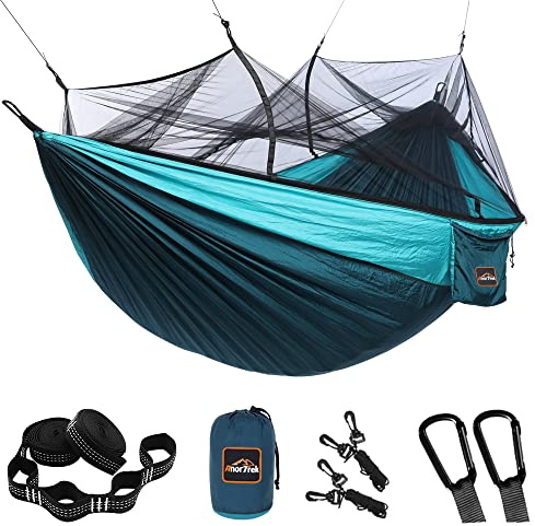 AnorTrek Hammock de Camping con Mosquitero, Doble y Simple, Ligero y Portátil con Correas de Árbol, Hamaca Paracaídas para Acampar, Mochileros, Viajes y Senderismo