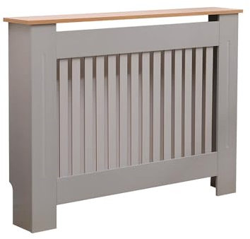 Home Source Radiator Cover Wooden Wall Cabinet Shelf Slatted Grill, Grey Oak Effect Top, 112cm