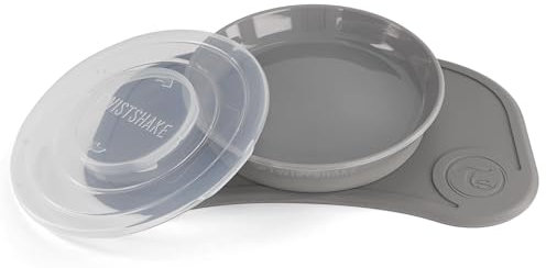 Twistshake Click-Mat Mini + Platte | Anti-Rutsch-Geschirrset für Babys | Babyteller + Baby-Tischset (31x17) | BPA-freier Baby-Entwöhnungsteller | Essenstrainingsplatte für Kinder ab 6m+ | Grau