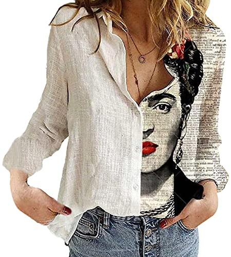 kewing Mujeres Pintura al óleo de poliéster Camisa de algodón - Casual Tallas Grandes Transpirable Roll Up Sleeve Blusa Suelta con Cuello en V (Lino no de algodón)