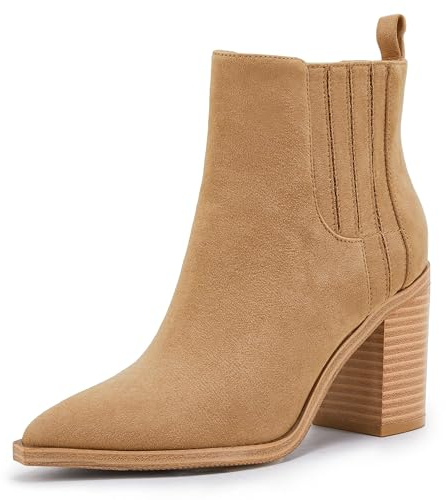 Coutgo Womens Ankle Boots Slip on Pointed Toe Chunky Block Mid Heel Leather Elastic Panel Casual Chelsea Western Booties