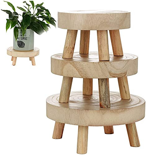 RTWAY Lot de 3 supports de plantes vintage en bois - Mini tabouret rond en bois - Support multifonction pour pot de fleurs de jardin