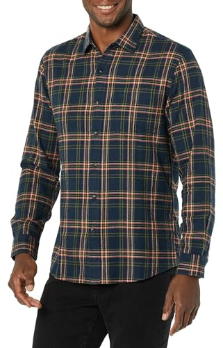 Amazon Essentials Men's Slim-Fit Flannel Shirt, Long Sleeve Button Down Plaid, Dark Green Navy Plaid, X-Small
