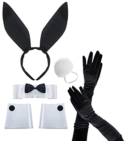 PMELCXD Ensemble d'accessoires de lapin pour femme - Bandeau oreilles de lapin - Collier - Nœud papillon - Manchettes - Queue de lapin - Costume de Pâques - Cosplay