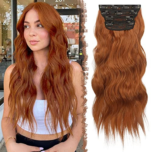 FESHFEN Clip in Extensions, 4PCS Haarverlängerungen mit Clips Synthetik Gewellte Haarextension Kupferrot Wavy Wellig Haar Extensions Clip in Haarteil für Frauen 50 cm