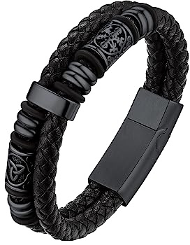 Bestyle Bracciale Uomo Nero in Pelle Cuoio con Bussola Vichinga, Chiusura Magnetica 19cm, Bracciale Multistrato Impermeabile e Resistente al Sudore, Regalo per Uomo