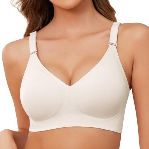 Xnova Womens Bras Seamless Full Coverage Ladies Non Wired Support V Neck Padded Comfort Sleeping Bra Soft T Shirt Bra Wireless Zero Feel Bralettes, White, M