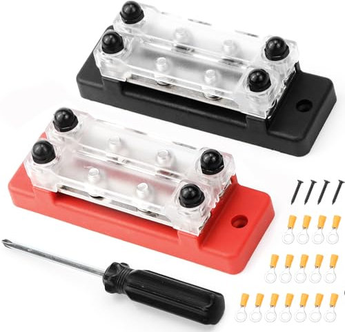 Stromverteiler Sammelschienen Block, 12V-48V DC, 250A, 4 M8 Klemmenbolzen, 2 Stück, Schwarz-Rot (B-Schwarz und Rot)