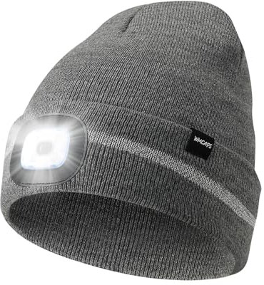 Wmcaps Mütze mit LED Licht, Wintermütze mit 4 LED Lampe, Wiederaufladbare Type-C Strickmütze mit Reflektierendem Lichtstreifen, Winter Warme Geschenke Laufmütze für Herren und Damen,Grau