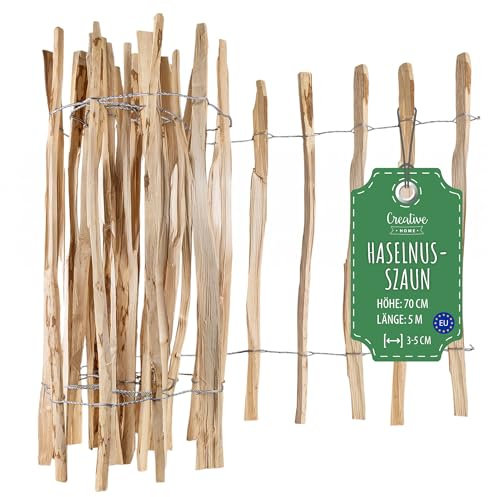 Creative Home Recinzione Giardino Esterno | Staccionata Legno Alto 70cm Lungo 5m | Recinzione in Nocciolo a Rotolo | Distanza Pannelli 3-5cm | Recinto Legno per Prato, Bordatura di Aiuole in Nocciolo