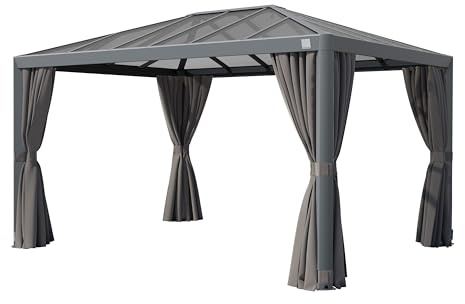 PRIMEYARD Gartenpavillon 3x4 m mit Polycarbonatdach - Hardtop Pavillon mit 4 Seitenteilen in Grau