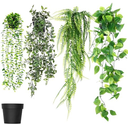 4 Pack Potted Artificial Eucalyptus Hanging Plants for Indoor Outdoor Decor