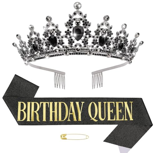 Födelsedagskrona och band, drottning skärp och strass tiara set för kvinnor födelsedagsfest dekoration, Svart, one size